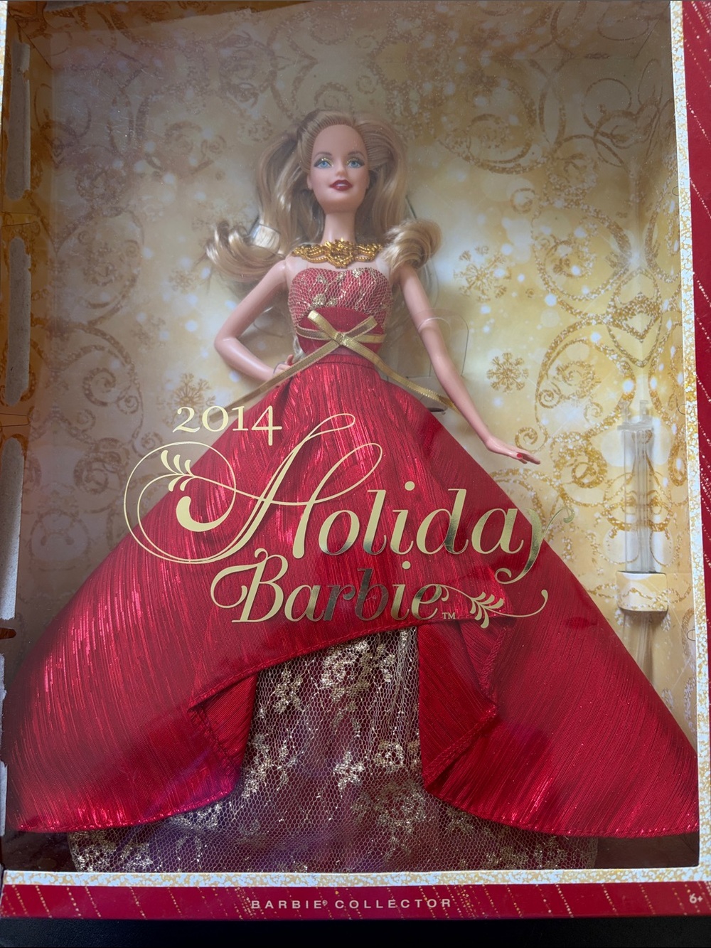 NRFB 2014 Barbie Holiday Doll in Red and Gold Gown - box edges are a little torn